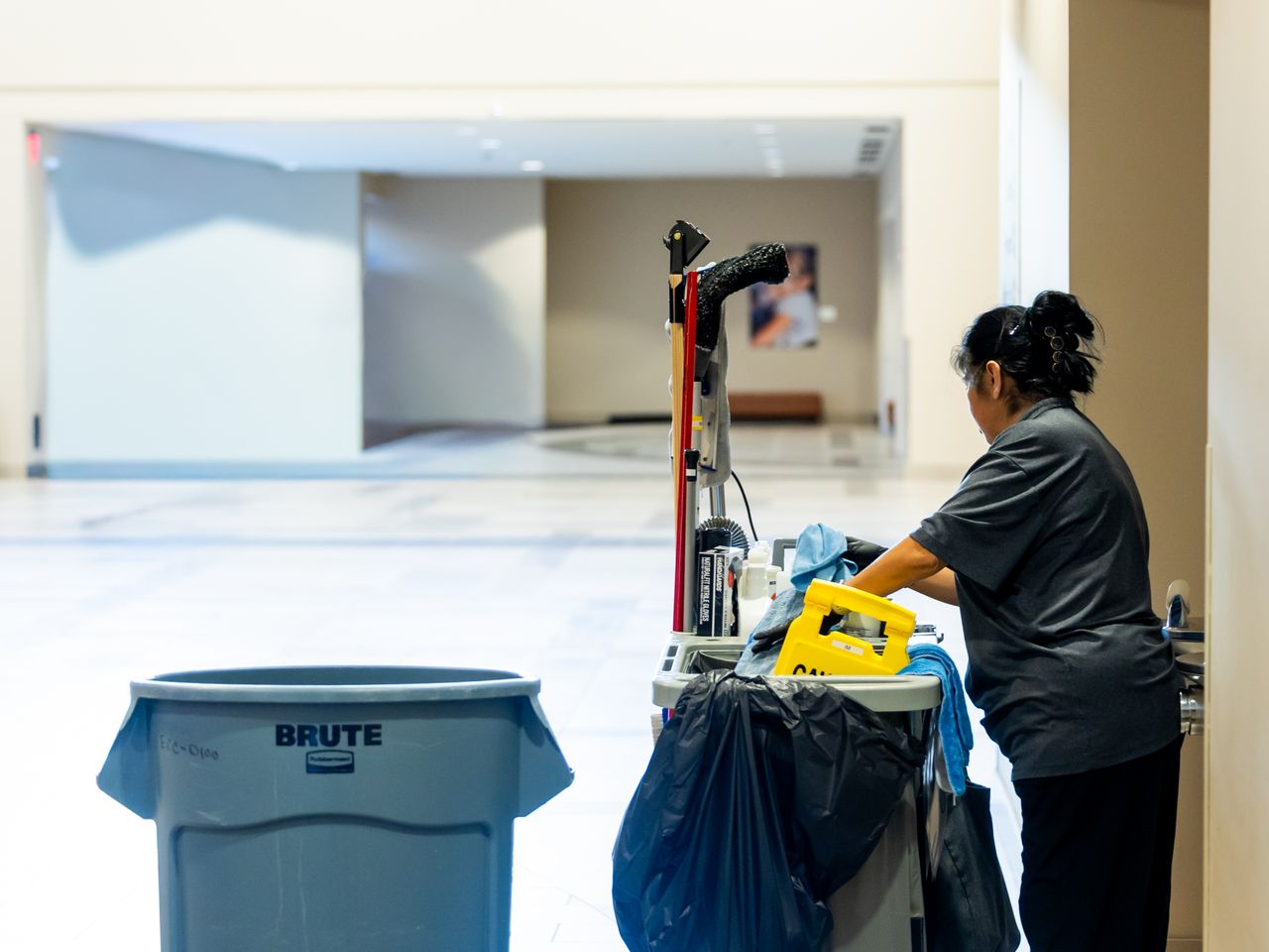 Cleaning team working in an office building after hours