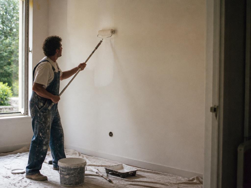 Painter applying a coat of paint to an interior wall