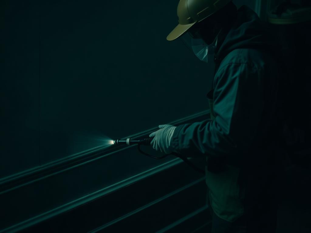 Pest control technician treating the edge of a room